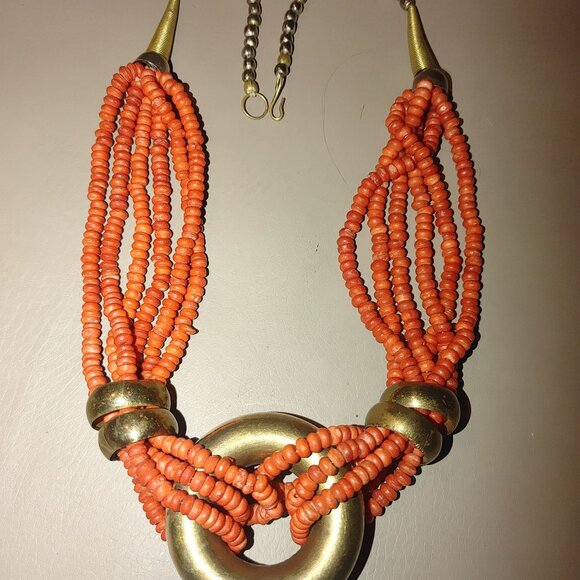 Orange Native Necklace Vintage 6 Multi Strand Glass Coral Brass Circular Pendan - Picture 4 of 11